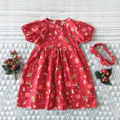 XMAS RED PUFF SLEEVES BUTTONS BACK DRESS 100% PRINTED COTTON*HEADBAND NOT INCLUDED