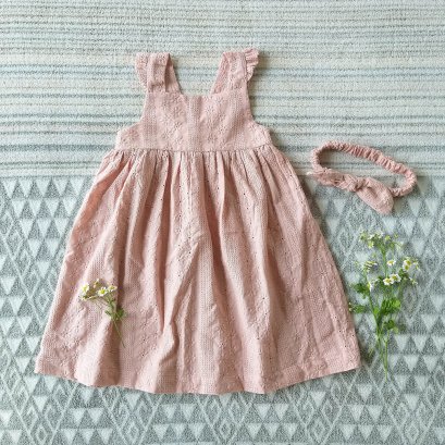 FLUTTER SLEEVES ELASTIC BACK DRESS 100 % COTTON LACE NUDE PINK*HEADBAND NOT INCLUDED