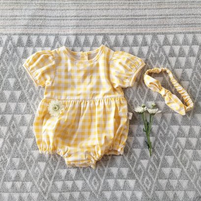 YELLOW GINGHAM  PUFF SLEEVES BUTTONS BACK ROMPER 100% PRINTED COTTON *HEADBAND NOT INCLUDED