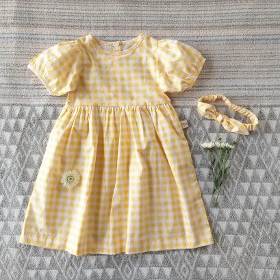 YELLOW GINGHAM BUTTONS BACK PUFF SLEEVES DRESS 100% PRINTED COTTON*HEADBAND NOT INCLUDED