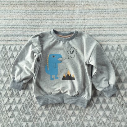 KIDS LOOSE FIT SWEATSHIRT DINO ROAR /100% COTTON BABY FRENCH TERRY TOPDYDED GREY