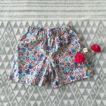 CNY BOYS & GIRLS ELASTIC WAISTBAND SHORTS BLUE FLOWER / 100% PRINTED COTTON*PRE-ORDER SHIP OUT 7-9 JAN
