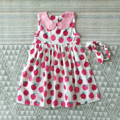 PETER PAN COLLAR BACK BUTTONS APPLES DRESS  100% PRINTED COTTON*HEADBAND NOT INCLUDED*PRE-ORDER SHIP OUT 22-23 APRI