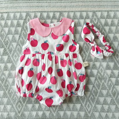 PETER PAN COLLAR BACK BUTTONS APPLES ROMPER 100% PRINTED COTTON*HEADBAND NOT INCLUDED*PRE-ORDER SHIP OUT 22-23 APRIL