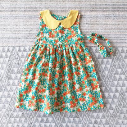 PETER PAN COLLAR BACK BUTTONS FLOWER YELLOW DRESS  100% PRINTED COTTON*HEADBAND NOT INCLUDED*PRE-ORDER SHIP OUT 8-9 APRIL