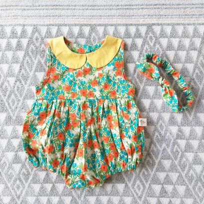 PETER PAN COLLAR BACK BUTTONS FLOWER YELLOW ROMPER 100% PRINTED COTTON*HEADBAND NOT INCLUDED*PRE-ORDER SHIP OUT 8-9 APRIL