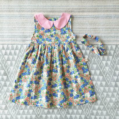 PETER PAN COLLAR BACK BUTTONS PINK FLOWER DRESS  100% PRINTED COTTON*HEADBAND NOT INCLUDED*PRE-ORDER SHIP OUT 8-9 APRIL