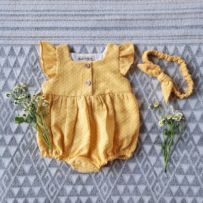 FLUTTER SLEEVES ROMPER 100% COTTON YELLOW DOTS*HEADBAND NOT INCLUDED