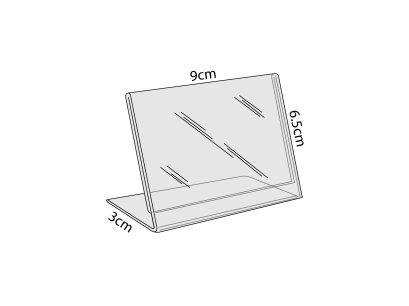 Acrylic L-Stand Desk size 9x6.5 cm. 2 mm thick.