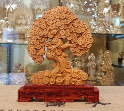 ชุดต้นเงินต้นทอง ไม้หวงหยางมู้แกะสลัก ขนาด 24 cm.
