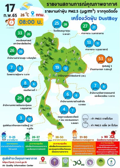 รายงานข้อมูลสถานการณ์คุณภาพอากาศ ณ วันพฤหัสบดีที่ 17 กุมภาพันธ์ 2565 เวลา 08.00 น.