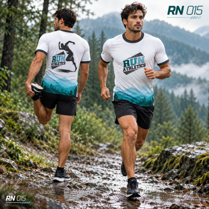 เสื้อวิ่งแขนสั้นทุกเส้นทางมีเรื่องราว RN-015 เสื้อวิ่งลายภูเขาโทนเขียว ผสานกราฟิก RUN ATHLETICS สำหรับคนที่มีความสุขกับทุกก้าว