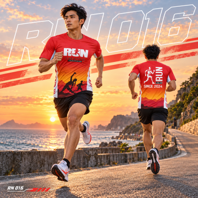 เสื้อวิ่งแขนสั้น  เริ่มวันใหม่ด้วยพลังเต็มร้อย! RN-016 โทนแดงไล่ส้ม ลายวิวภูเขาและนักวิ่ง สีสันโดดเด่น พร้อมออกไปพิชิตเป้าหมาย