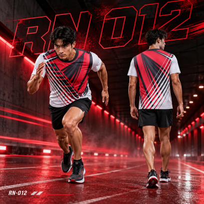 เสื้อวิ่งแขนสั้น RN-008 ปลุกความเร็วในตัวคุณ RN-012 โทนแดง&ndash;ดำ&ndash;ขาว พร้อมกราฟิกเส้นเฉียง ดีไซน์ดุดันสำหรับทีมที่พร้อมลุย!