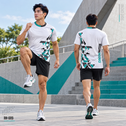 เสื้อวิ่งแขนสั้น RN-008 เรียบ เท่ มีสไตล์ RN-009 โทนขาวตัดเขียวมิ้นต์&ndash;ดำ พร้อมลายกราฟิกเรขาคณิต เติมความโดดเด่นให้ทีมวิ่งของคุณ