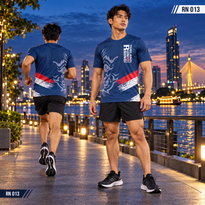 เสื้อวิ่งแขนสั้น RN-008 ใส่ความเป็นไทยลงในทุกก้าว RN-013 โทนกรมเข้ม ผสานลายไทยกับสีแดง&ndash;ขาว เท่ มีเอกลักษณ์ พร้อมวิ่งไปด้วยกัน
