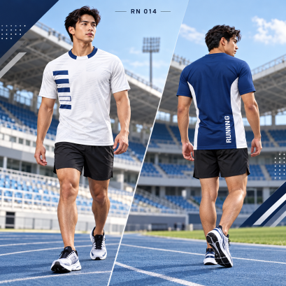 เสื้อวิ่งแขนสั้น เรียบแต่เด่น ทั้งหน้าและหลัง RN-014 ด้านหน้าขาวสะอาดตา ด้านหลังกรมเข้ม เติมกราฟิกให้ดูสปอร์ตแบบลงตัว