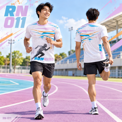 เสื้อวิ่งแขนสั้น RN-008 เติมสีสันให้วันวิ่ง! RN-011 ลายสปอร์ตโทนพาสเทล ฟ้า&ndash;ม่วง&ndash;ส้ม สดใสทั้งหน้าและหลัง พร้อมไปด้วยกันทุกก้าว