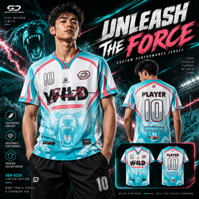 เสื้อกีฬาฟุตบอล SDN-0236 BEAST NEVER STOPS โทนฟ้า-ขาว