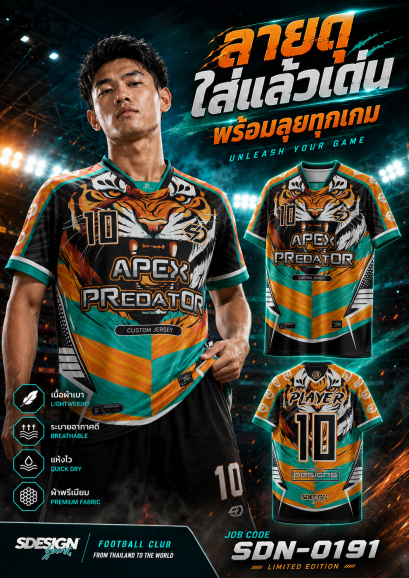 เสื้อกีฬาฟุตบอล พิมพ์ลายทั้งตัว เนื้อผ้า "นาโนเทค"SDN-0191