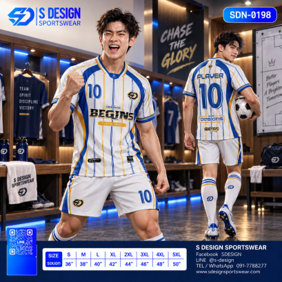 เสื้อกีฬาฟุตบอล SDN-0198 CHASE THE GLORY โทนขาวน้ำเงิน