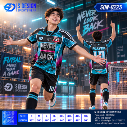 เสื้อกีฬาฟุตบอล SDN-0225 NEVER LOOK BACK โทนดำฟ้า