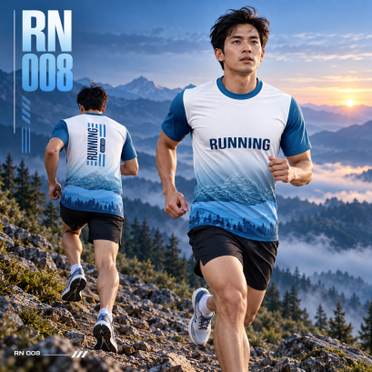 เสื้อวิ่งแขนสั้น RN-008 พกวิวภูเขาไปกับทุกก้าว RN-008 เสื้อวิ่งขาว&ndash;น้ำเงิน ลายภูเขาและป่าไม้ สวยลงตัวสำหรับสายวิ่งที่รักธรรมชาติ