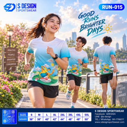 เสื้อวิ่ง RUN-015 ลายการ์ตูนนักวิ่ง โทนขาว-ฟ้า