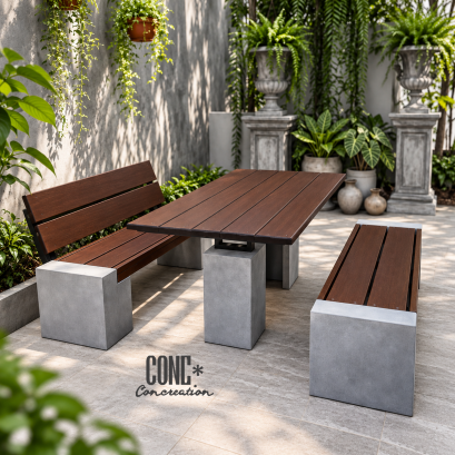 ชุดโต๊ะสนาม CONC Concreation สีไม้โอ๊ค โต๊ะขนาด 120 ซม. พร้อมม้านั่งมีพนักพิงและไม่มีพนักพิง ฐานปูนซีเมนต์สีเทา จัดวางในสวนสไตล์โมเดิร์น