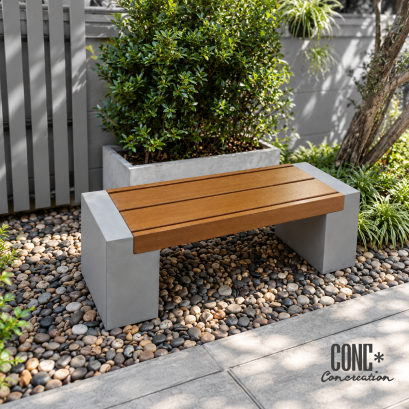 ม้านั่งสนามปูนซีเมนต์ CONC Concreation ขนาด 120 ซม. ที่นั่งไม้ไฟเบอร์ซีเมนต์ CONWOOD สีไม้สัก ตกแต่งสวนสไตล์โมเดิร์น