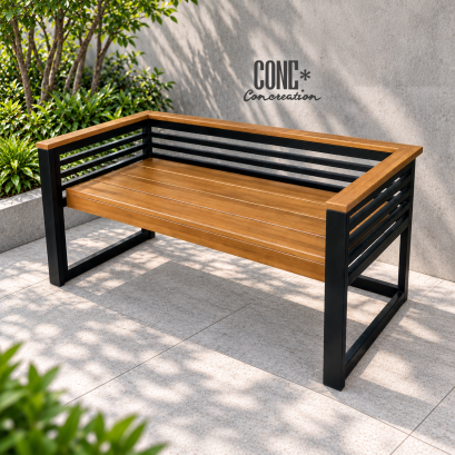 ม้านั่งเหล็กพนักพิงระแนงยาว สีไม้สัก CONC Concreation ขนาด 150x70x70 ซม. ที่นั่งไม้ไฟเบอร์ซีเมนต์ CONWOOD โครงเหล็กสีดำ มีพนักพิงระแนงแนวนอนและที่วางแขนสองด้าน วางในสวนสไตล์โมเดิร์น