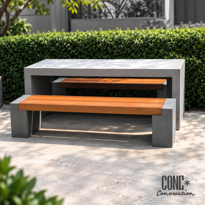 ชุดโต๊ะสนามลอฟท์ไฟเบอร์ CONC Concreation โต๊ะไฟเบอร์เรซินสีเทาปูน พร้อมม้านั่ง CONWOOD สีไม้สัก ฐานปูนซีเมนต์ 2 ตัว จัดวางกลางแจ้ง