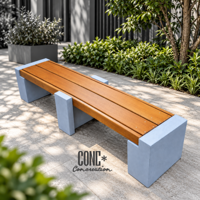 ม้านั่งสนามยาวบล็อคคู่ CONC Concreation สีไม้สัก ขนาด 200x50x40 ซม. ที่นั่งระแนงไฟเบอร์ซีเมนต์ ฐานปูนซีเมนต์สีเทา 3 จุด วางในสวนสไตล์โมเดิร์น