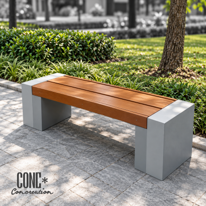 ม้านั่งสนามบล็อคสีไม้สัก CONC Concreation ขนาด 120 ซม. ที่นั่งไฟเบอร์ซีเมนต์ CONWOOD ฐานปูน Two-Tone สีเทาสองโทน จัดวางบนทางเดินในสวน