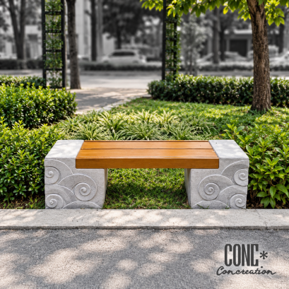 ม้านั่งสนามลายโค้ง CONC Concreation สีไม้สัก ขนาด 140 ซม. ฐานปูนซีเมนต์สีเทาตกแต่งลายโค้ง วางในสวนหย่อมกลางแจ้ง