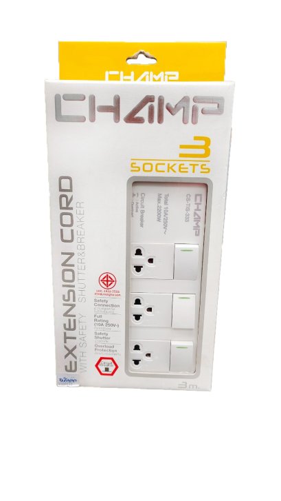 Champ ปลั๊กไฟ เต้าเสียบ 3 ช่อง 3 สวิทช์ สายไฟยาว 3 เมตร