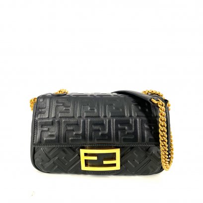 Fendi Baguette Chain Nappa Shoulder Bag FF Black