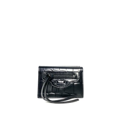 Balenciaga Mini Three-Fold Wallet Croc-Embossed Black
