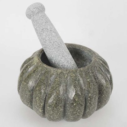 Pumpkin-shaped stone mortar with pestle