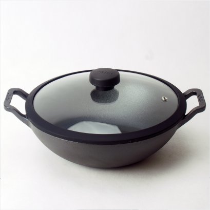 กระทะทรงจีนเหล็กหล่อ 2 หู พร้อมฝาแก้ว ขนาด 26 ซม.