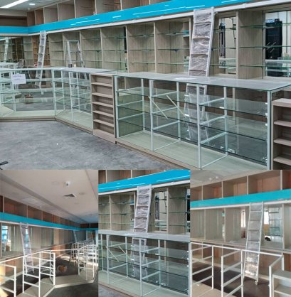 บันไดรางเลื่อนเหล็กขั้นเป็นไม้ 4 ชุด  สำหรับปีนหยิบของชั้นวางร้านขายยา บริษัทสยามฟาร์มาซี พระโขนง  (ผลิตให้บริษัทสยามฟาร์มาซีทุกสาขา) ติดต่อ 089-146823,083-0687677