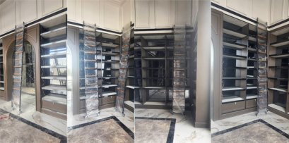 บันไดรางเลื่อนเหล็กขั้นไม้สำหรับตู้โชว์บ้านอัครทรัพย์ธาดา  สนใจติดต่อ 089-1468234 สนใจติดต่อ 083-0687677 สนใจ line id : hereweare