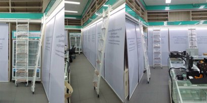 โรงงานบันไดรางเลื่อนเหล็กสีขาวขั้นเป็นไม้สำหรับชั้นวางสินค้าร้านยาสยามฟาร์มาซี สาขา อโศก 4 ชุด ตึกรัชต์ภาคย์ ชั้นวางของห้องสมุด 089-1468234,083-0687677