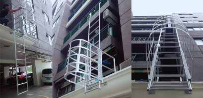 บันไดหนีไฟแบบบันไดลิงมีกันตกด้านหลังและปลดล็อคสไลด์ชักเก็บได้ โทร 089-1468234, 083-0687677