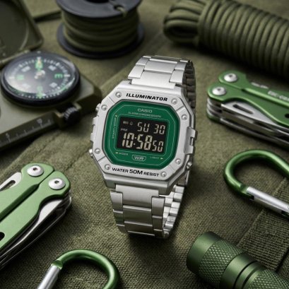Casio Standard นาฬิกาข้อมือผู้ชาย สายสแตนเลส รุ่น&nbsp;W-218HD-3A&nbsp;- หน้าปัดสีเขียว&nbsp; ตัวเรือน และสายสีเงิน