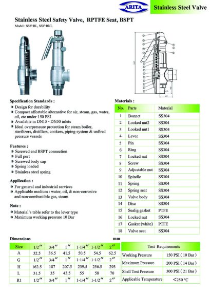 Stainless Steel Safety Valve,  RPTFE Seat, BSPT