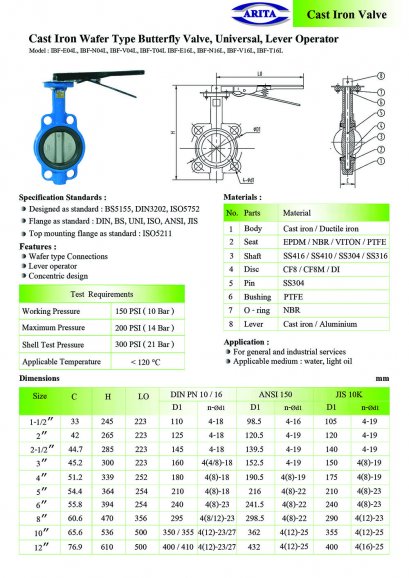 Cast Iron Wafer Type Butterfly Valve, Universal, Lever Operator