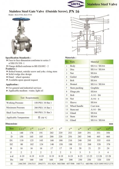 Stainless Steel Gate Valve  (OS&Y), PN16