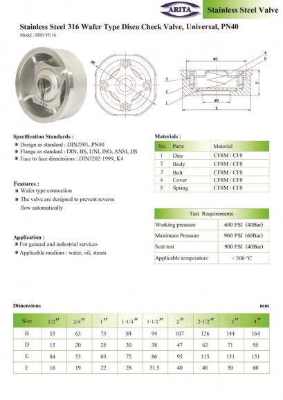 Stainless Steel 316 Wafer Type Disc Check Valve, Universal, PN40
