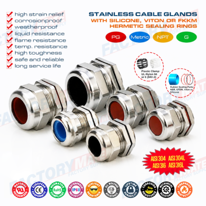 304, 316, 316L Stainless Steel PG Cable Glands IP68 Watertight Metal Compression Glands with Fluoroelastomer Seals